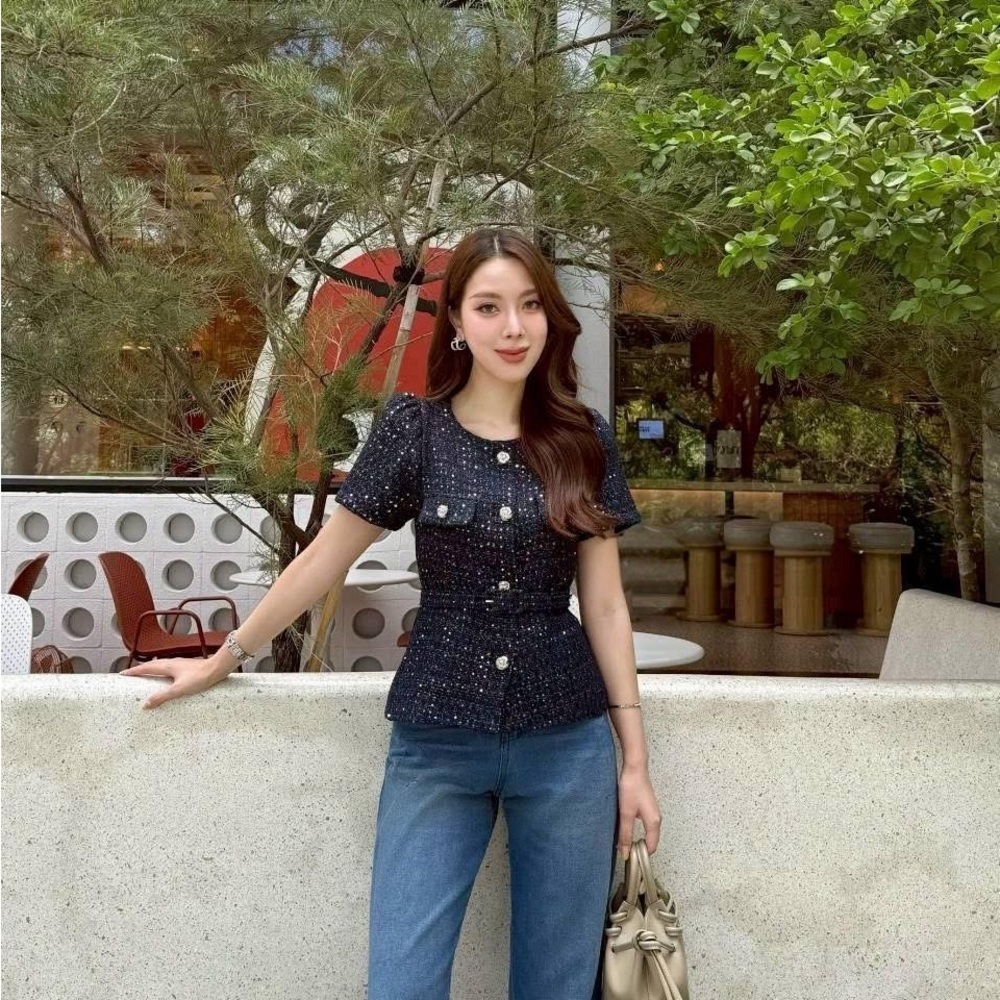 Tweed Top & Soft Denim Jeans Set